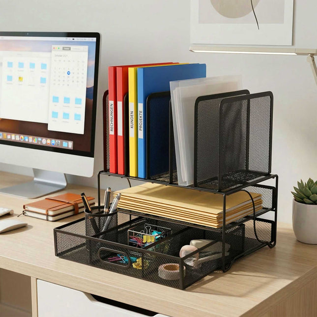 Organiseur de bureau à 6 compartiments, tiroir, maille d'acier