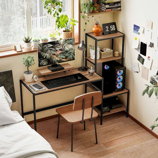 Table d'ordinateur de bureau avec support pour écran, support CPU, table de bureau avec étagère pour imprimante, table PC avec 4 étagères, design moderne pour bureau à domicile, 150 x 48 x 125 cm, marron