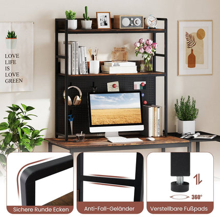 Étagère de bureau avec panneau perforé, structure métallique, 2 niveaux, écran 32 pouces