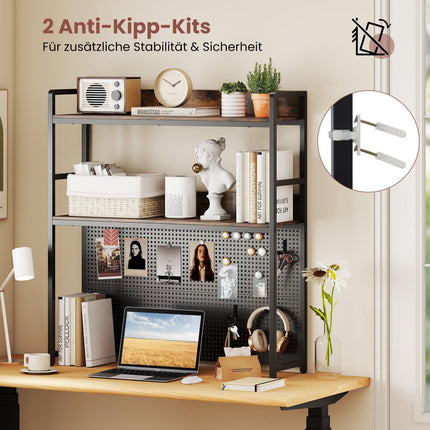 Étagère de bureau avec panneau perforé, structure métallique, 2 niveaux, écran 32 pouces
