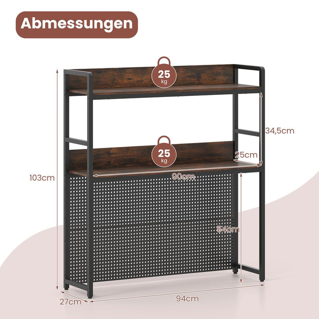 Étagère de bureau avec panneau perforé, structure métallique, 2 niveaux, écran 32 pouces