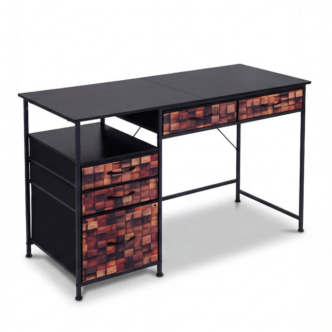 Schreibtisch mit 5 Stoffschubladen und Regal – Braun, 120x50 cm