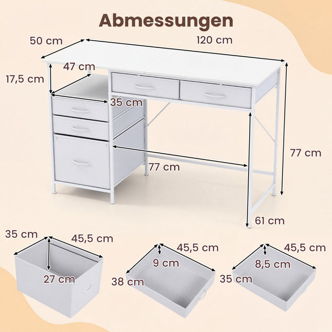 Bureau avec 5 tiroirs en tissu et une étagère - Blanc, 120 x 50 cm