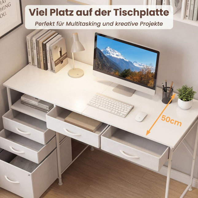 Bureau avec 5 tiroirs en tissu et une étagère - Blanc, 120 x 50 cm