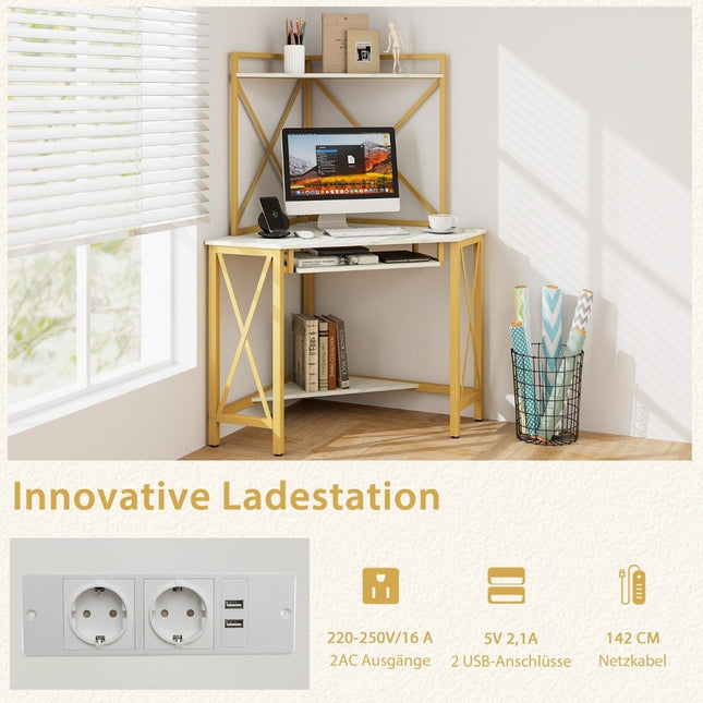 Bureau avec station de recharge, table d'ordinateur d'angle avec étagère clavier et 2 étagères 113 x 75 x 145 cm blanc + or