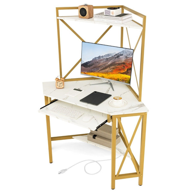 Bureau avec station de recharge, table d'ordinateur d'angle avec étagère clavier et 2 étagères 113 x 75 x 145 cm blanc + or