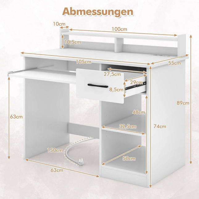 Schreibtisch mit Ladestation, Tastaturablage, Schublade &amp; verstellbarem Regal, weiß 105 x 55 x 89 cm