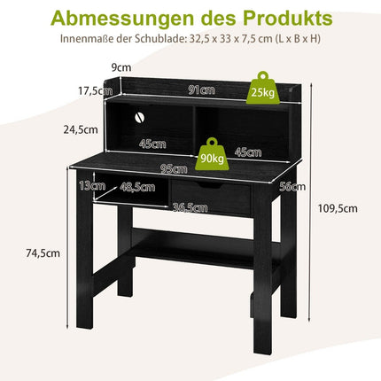 Bureau avec prises Petit bureau d'ordinateur avec fixation 95 x 56 x 109,5 cm Noir