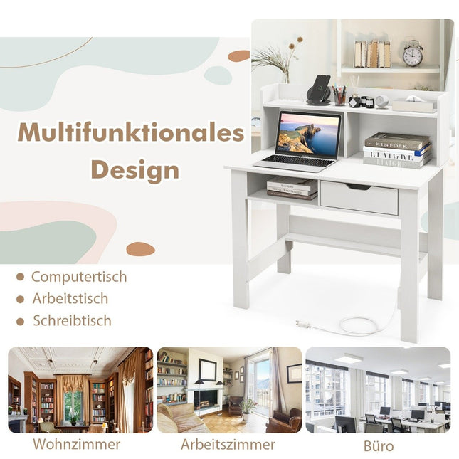 Bureau avec prises Petit bureau d'ordinateur avec fixation 95 x 56 x 109,5 cm blanc