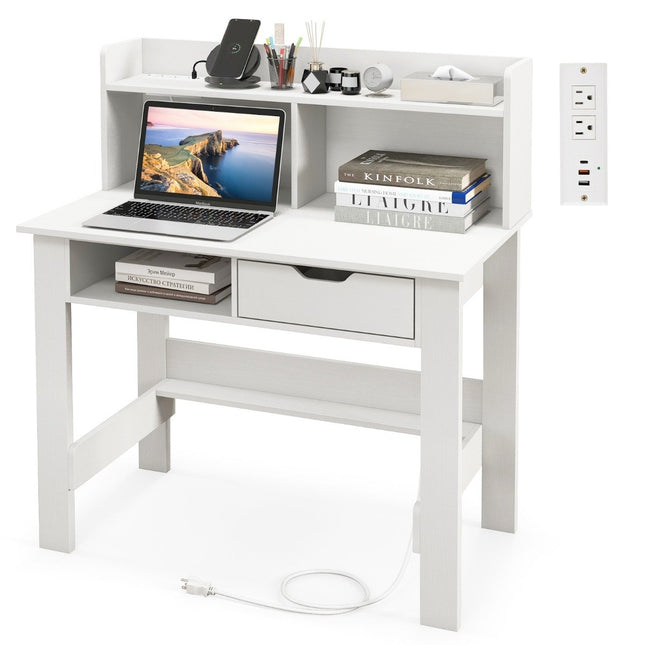 Bureau avec prises Petit bureau d'ordinateur avec fixation 95 x 56 x 109,5 cm blanc