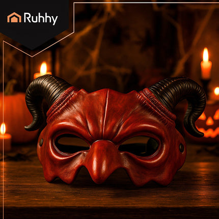 Teufel Halloween Maske mit Hörnern, Rot/Schwarz, Gummiband