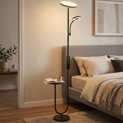 Dimmable LED Floor Lamp with Side Table and Reading Light, Remote Control, Black