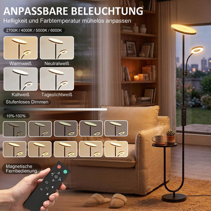 Dimmable LED Floor Lamp with Side Table and Reading Light, Remote Control, Black