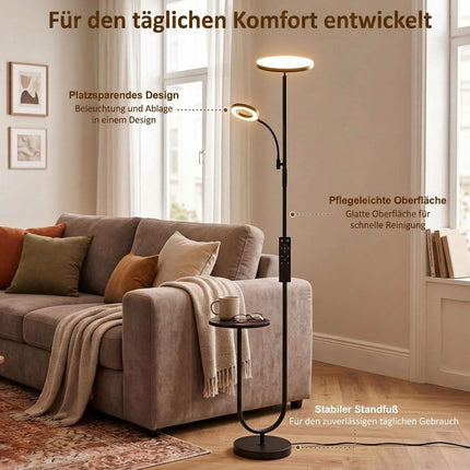 Dimmable LED Floor Lamp with Side Table and Reading Light, Remote Control, Black
