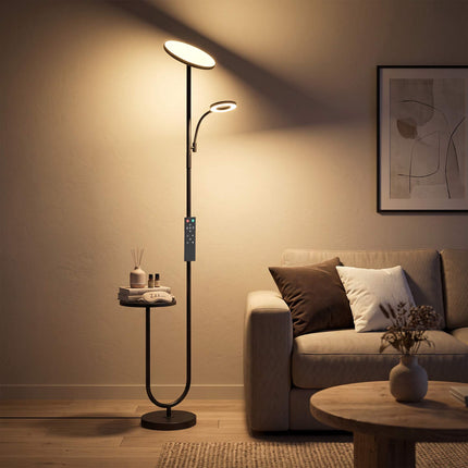 Dimmable LED Floor Lamp with Side Table and Reading Light, Remote Control, Black