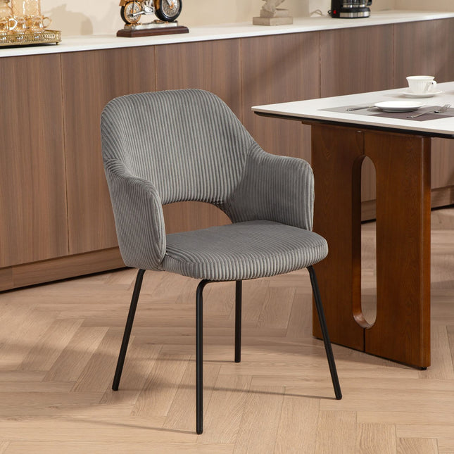Chaise de salle à manger, revêtement en velours côtelé, forme coquillage, pieds en métal, gris