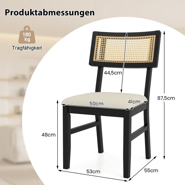 Ensemble de 2 chaises de salle à manger, assise rembourrée, dossier en rotin