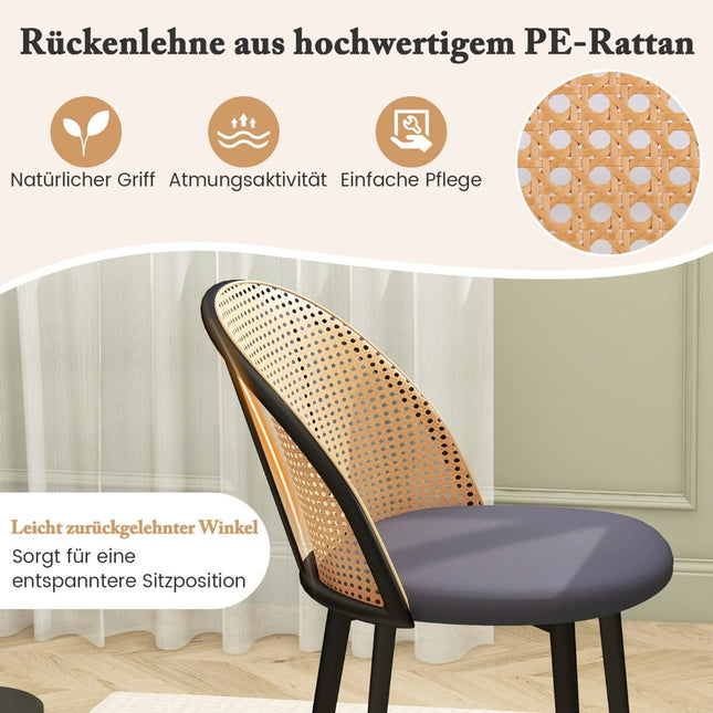 Ensemble de 2 chaises de salle à manger, dossier en rotin, pieds en métal, grises