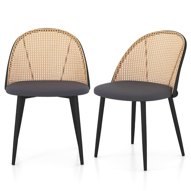 Ensemble de 2 chaises de salle à manger, dossier en rotin, pieds en métal, grises