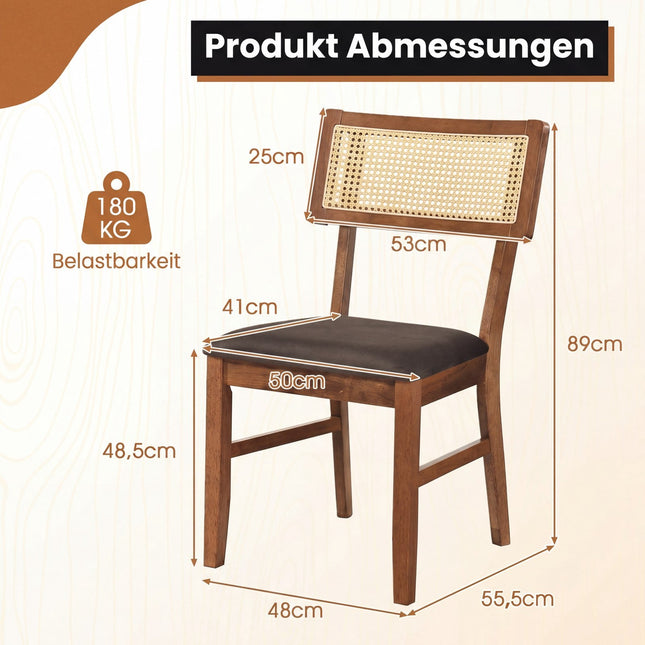 Ensemble de 2 chaises de salle à manger, dossier en rotin, assise en velours, marron