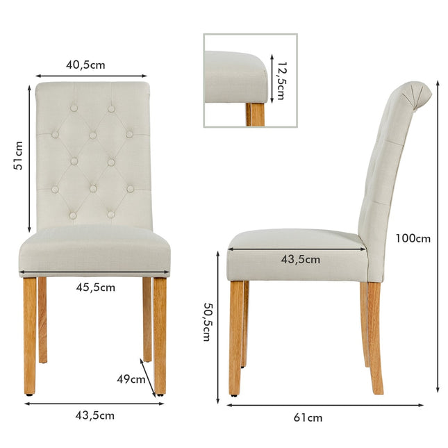 Ensemble de 2 chaises de salle à manger, revêtement en tissu, pieds en bois d'hévéa