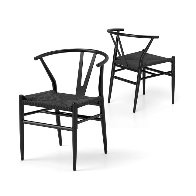 Esszimmerstühle 2er-Set, Y-Lehne, geflochtener Rattansitz, Schwarz
