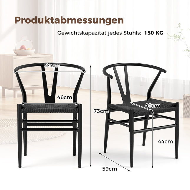 Esszimmerstühle 2er-Set, Y-Lehne, geflochtener Rattansitz, Schwarz