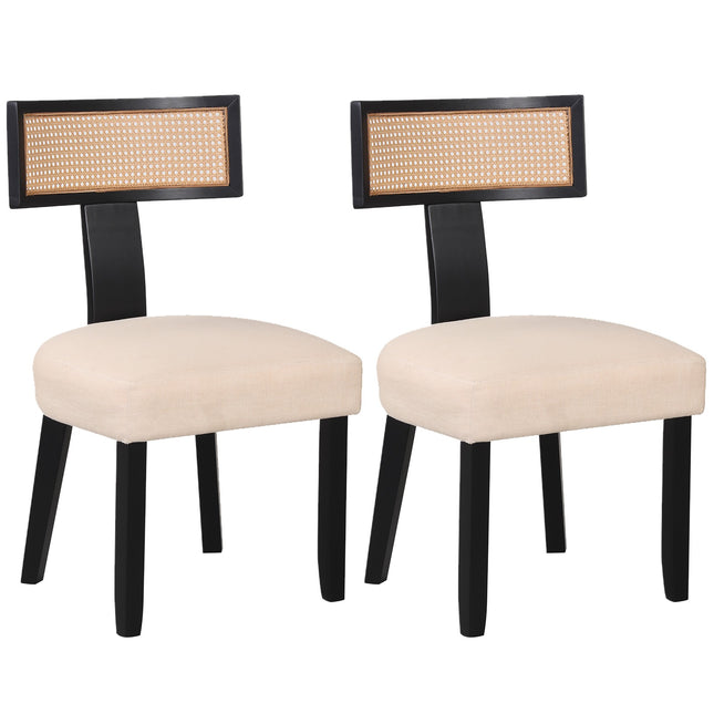 Chaise de salle à manger avec dossier en rotin, assise rembourrée et pieds en bois
