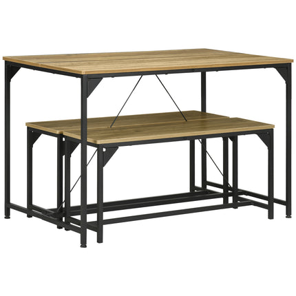 Ensemble De Salle À Manger Composé De 3 Tables À Manger Avec 2 Bancs Pour 4 Personnes, Naturel, Idéal Pour Cuisine Et Salon