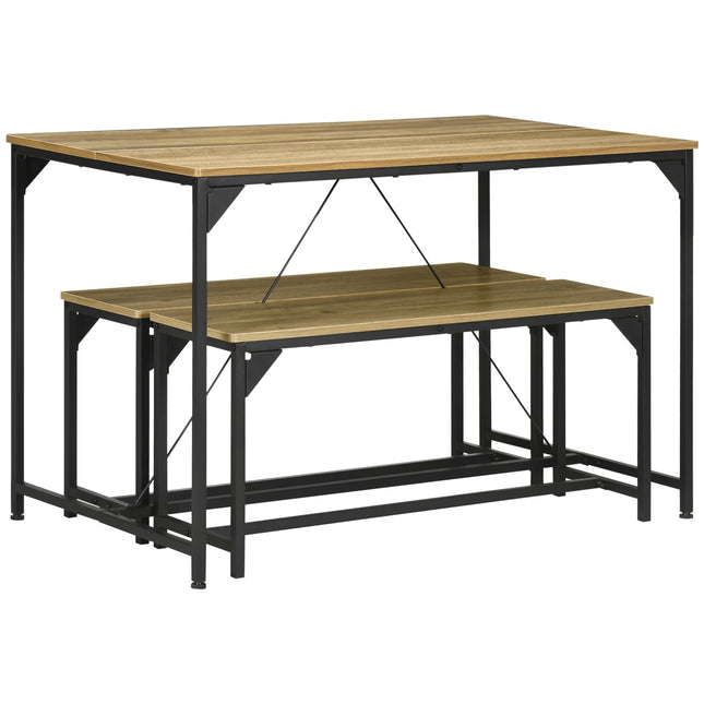 Ensemble De Salle À Manger Composé De 3 Tables À Manger Avec 2 Bancs Pour 4 Personnes, Naturel, Idéal Pour Cuisine Et Salon