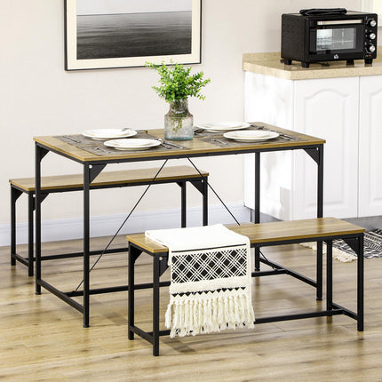 Ensemble De Salle À Manger Composé De 3 Tables À Manger Avec 2 Bancs Pour 4 Personnes, Naturel, Idéal Pour Cuisine Et Salon
