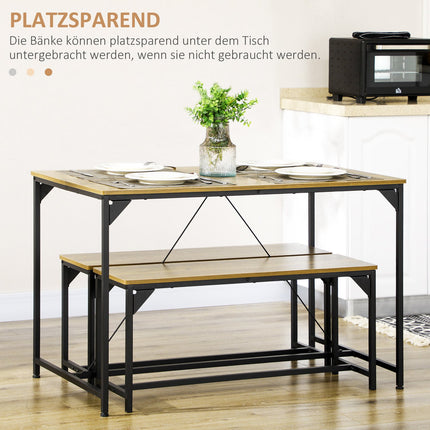 Ensemble De Salle À Manger Composé De 3 Tables À Manger Avec 2 Bancs Pour 4 Personnes, Naturel, Idéal Pour Cuisine Et Salon