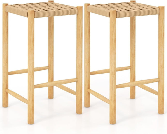 Ensemble de tabourets de bar pour salle à manger, cadre en bois d'hévéa et siège en papier tressé, tabouret de bar rustique, hauteur de comptoir 65 cm