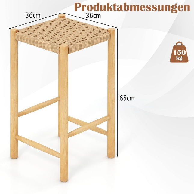 Ensemble de tabourets de bar pour salle à manger, cadre en bois d'hévéa et siège en papier tressé, tabouret de bar rustique, hauteur de comptoir 65 cm