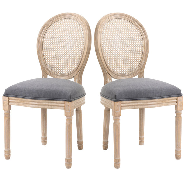 Graue Polsterstühle für Esszimmer, 2er-Set – Rückenlehne Rattan, Leinen-Optik