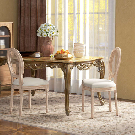 Esszimmerstühle, 2er-Set, Leinen & Rattan, cremeweiß