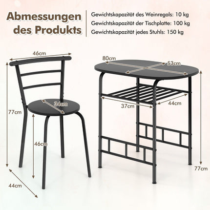Ensemble table à manger avec 2 chaises, gain de place, noir