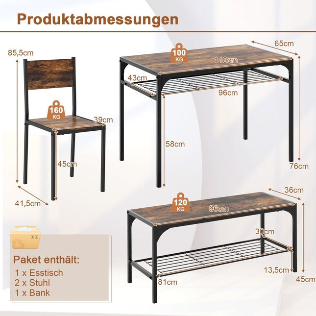 Ensemble de salle à manger avec rangement - Table, 2 chaises, banc