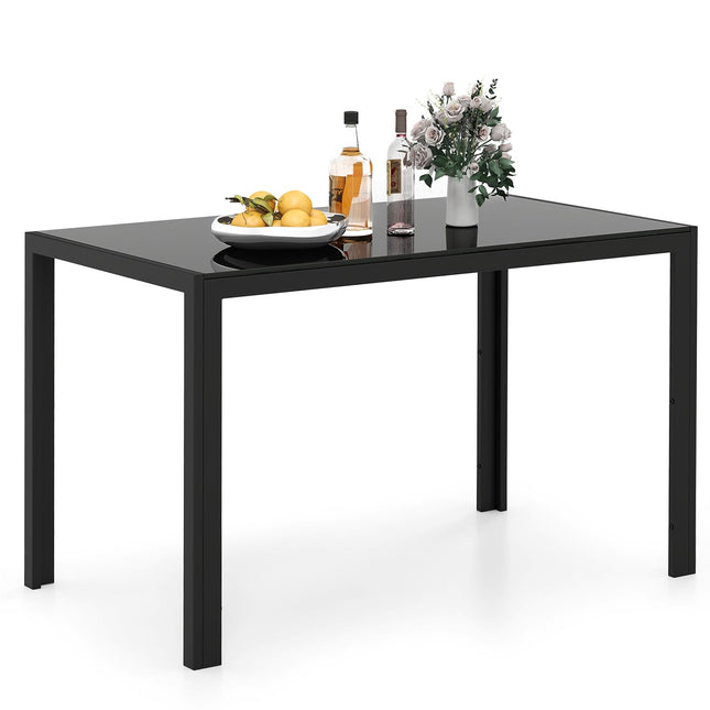 Table à manger pour 4 personnes, plateau en verre, structure en métal noir, 120 x 70 x 75 cm