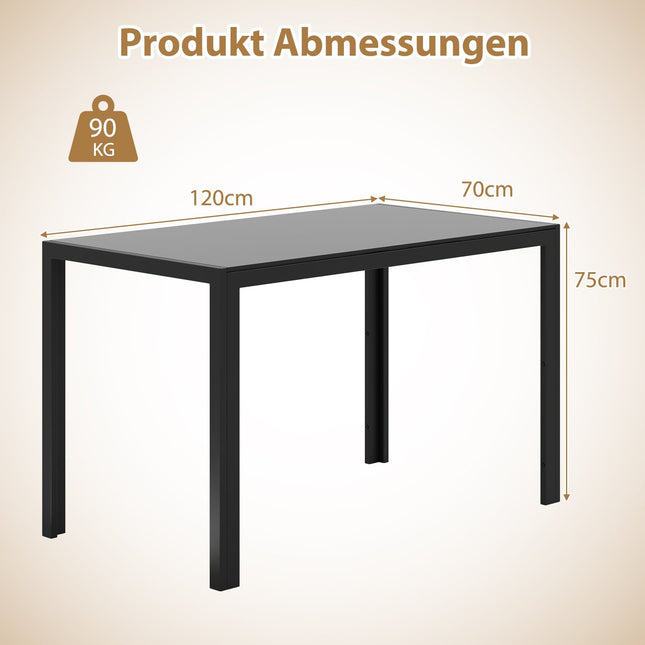 Table à manger pour 4 personnes, plateau en verre, structure en métal noir, 120 x 70 x 75 cm