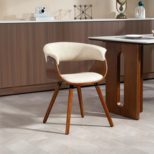 Chaise de salle à manger, tissu aspect lin, dossier incurvé, pieds en bois, beige