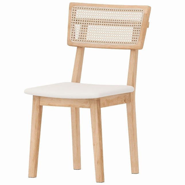 Chaise de salle à manger, dossier en rotin, assise en similicuir, bois d'hévéa, bois naturel