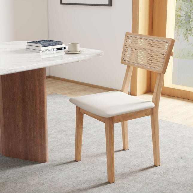 Chaise de salle à manger, dossier en rotin, assise en similicuir, bois d'hévéa, bois naturel