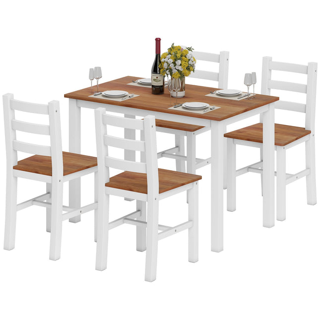 Ensemble de salle à manger, table à manger, 4 chaises, ensemble de salle à manger, pin, marron + blanc