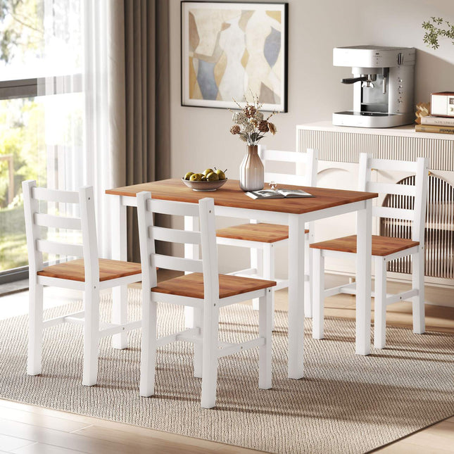 Ensemble de salle à manger, table à manger, 4 chaises, ensemble de salle à manger, pin, marron + blanc
