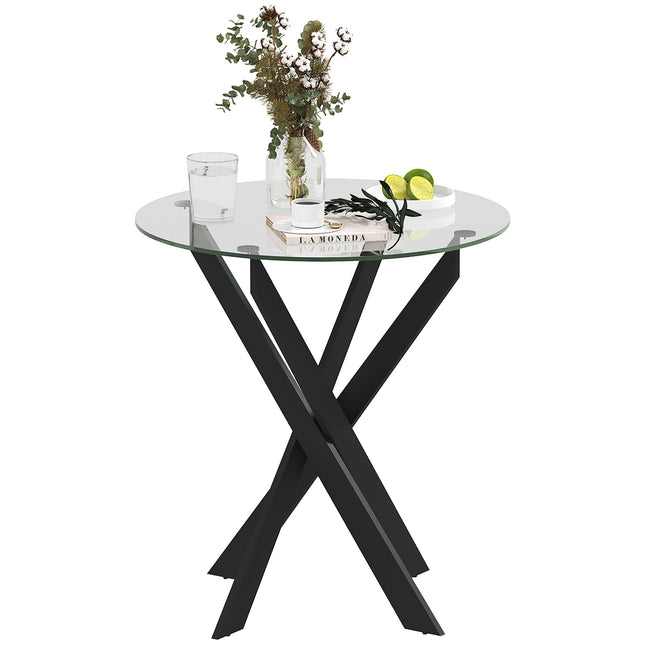 Table à manger, table de cuisine ronde pour 4 personnes, table de salle à manger avec pieds en acier, plateau en verre trempé, pour salle à manger, cuisine, Ø70 x 75 cm, design moderne, noir+transparent