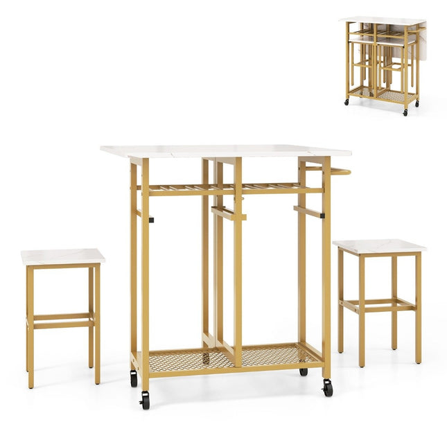 Ensemble table à manger 3 pièces table de cuisine extensible sur roulettes avec 2 chaises blanc & doré