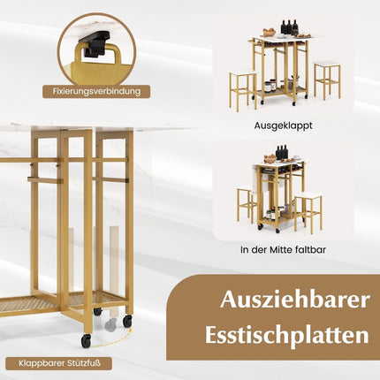 Esstisch-Set 3-teilig ausziehbarer Küchentisch auf Rollen mit 2 Stühlen weiß &amp; gold