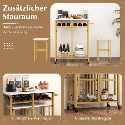 Esstisch-Set 3-teilig ausziehbarer Küchentisch auf Rollen mit 2 Stühlen weiß &amp; gold