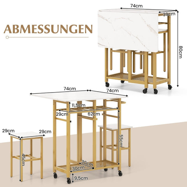 Ensemble table à manger 3 pièces table de cuisine extensible sur roulettes avec 2 chaises blanc & doré